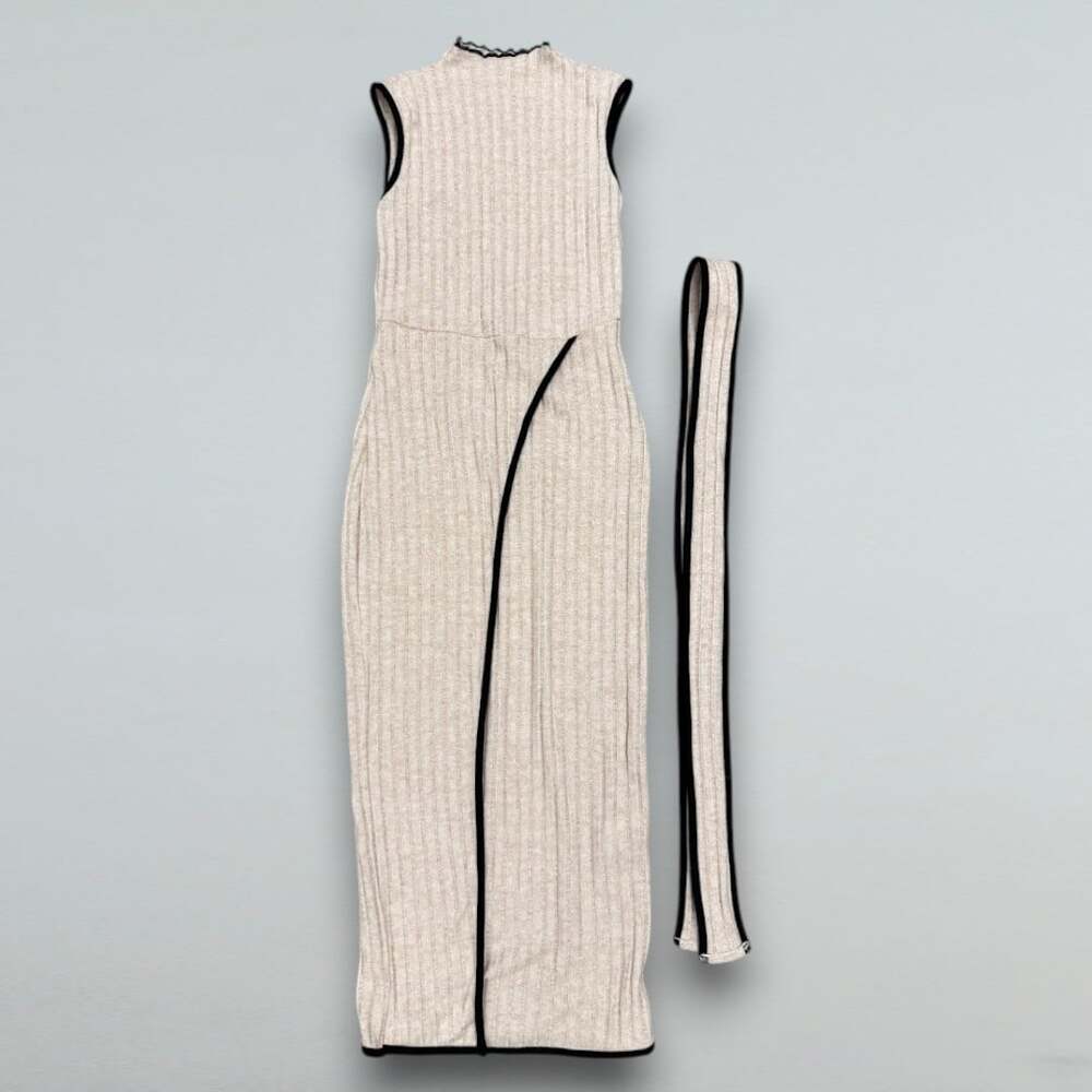 Ribbed Knit Mock Neck Belted Maxi Dress XS US 2